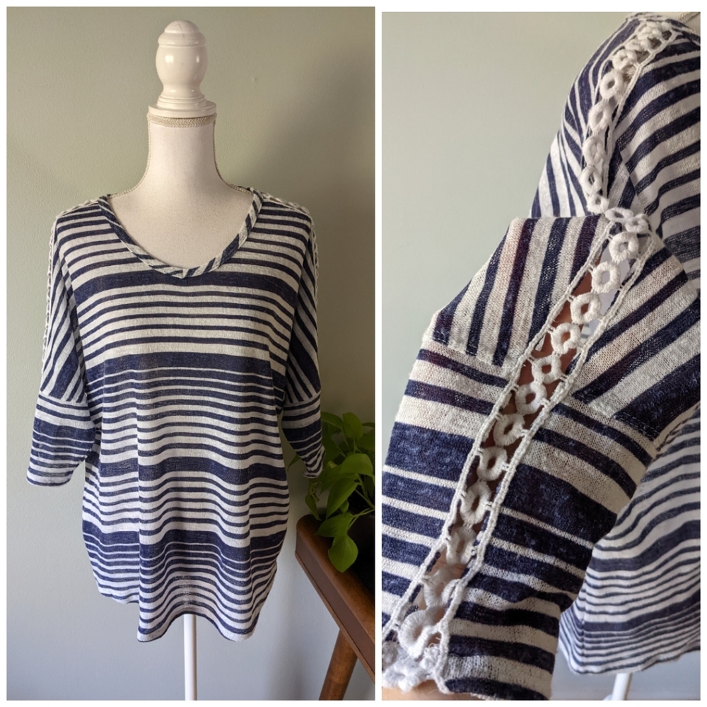 Ali Miles Striped V-Neck Lace Crochet Detail Sleeves Blue White Womens Medium 70